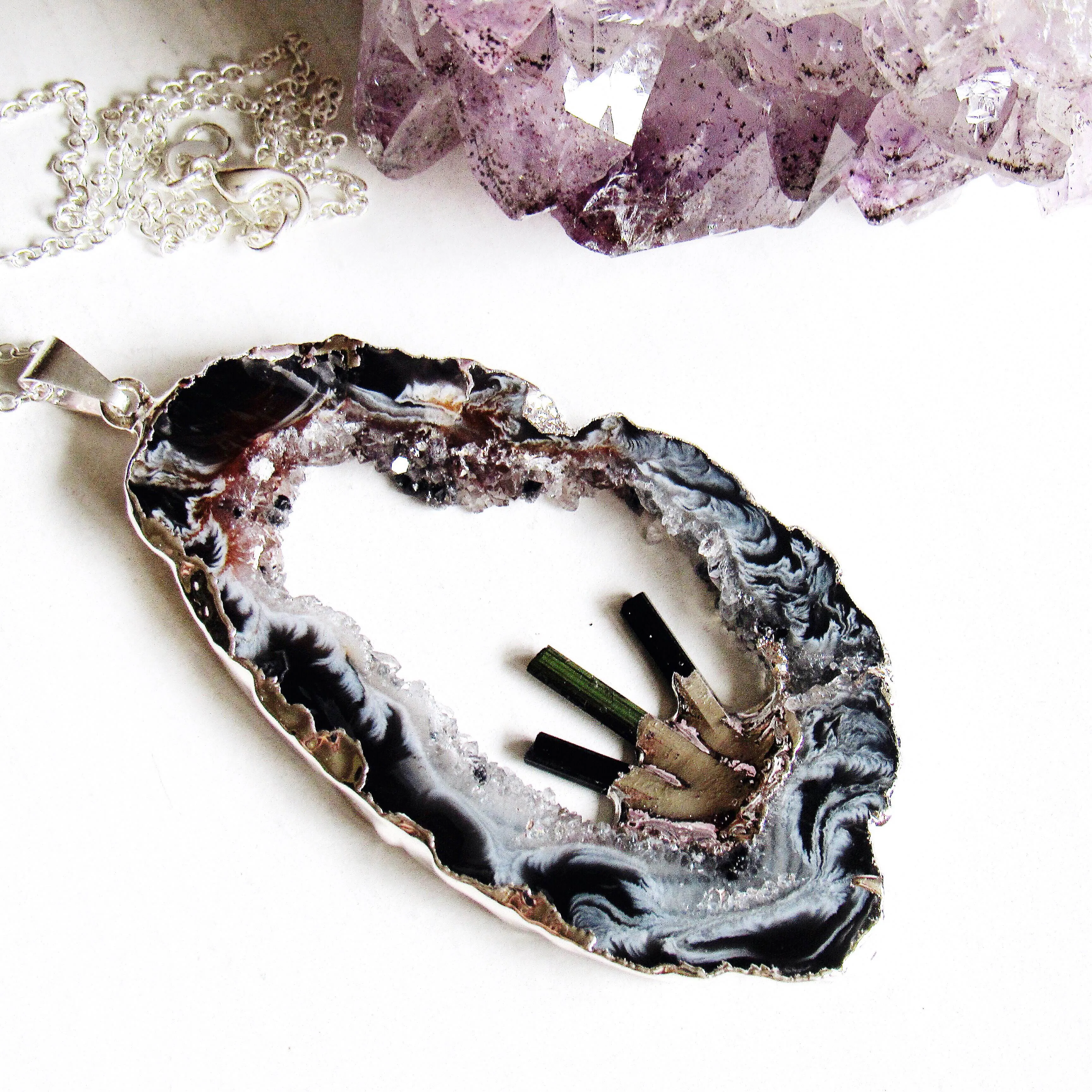 Tourmaline Geode Necklaces (Silver)