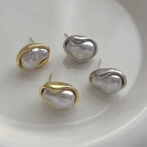 VAIGE Artistic Geometric Metal Baroque Pearl Stud Earrings in Classic White and Silver