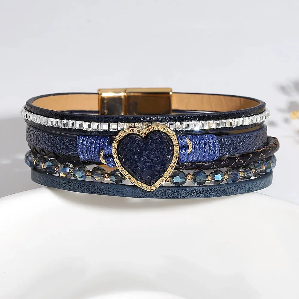 'Vintage' Beads and Heart Charm Bracelet - blue