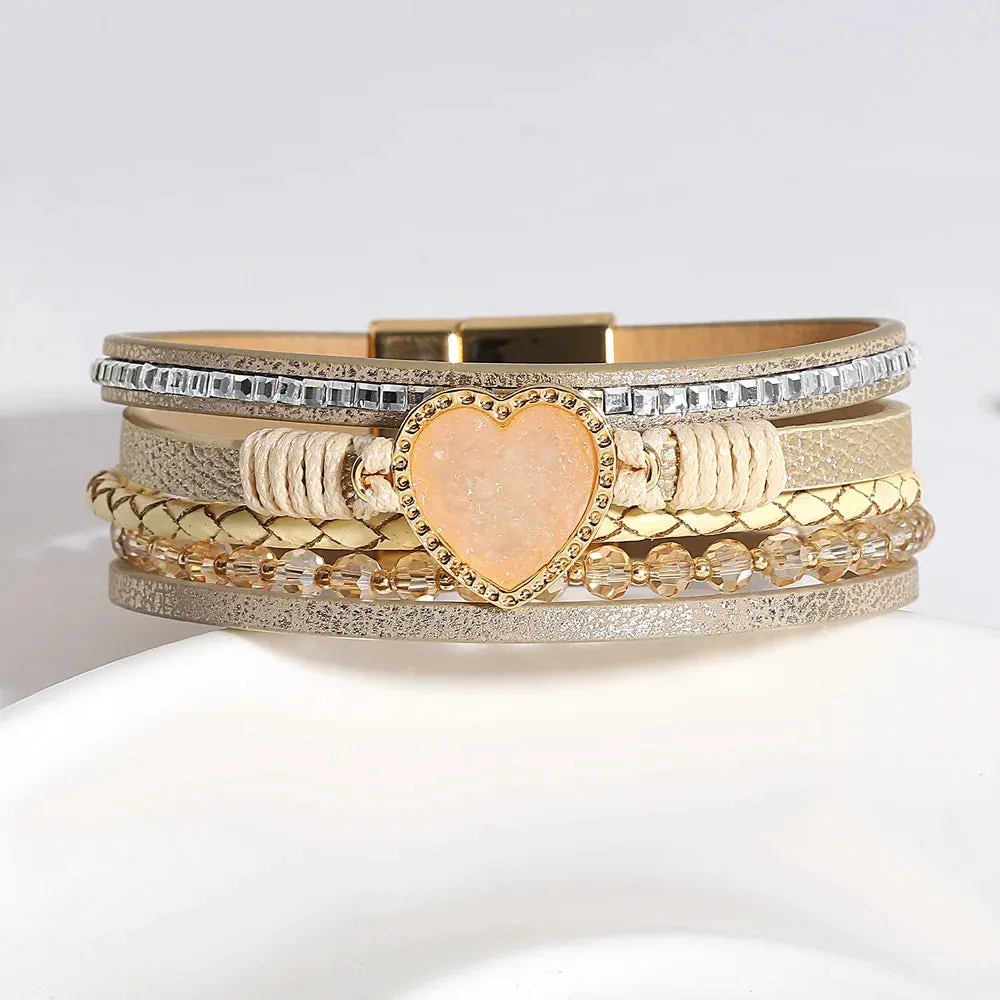 'Vintage' Beads and Heart Charm Bracelet - gold