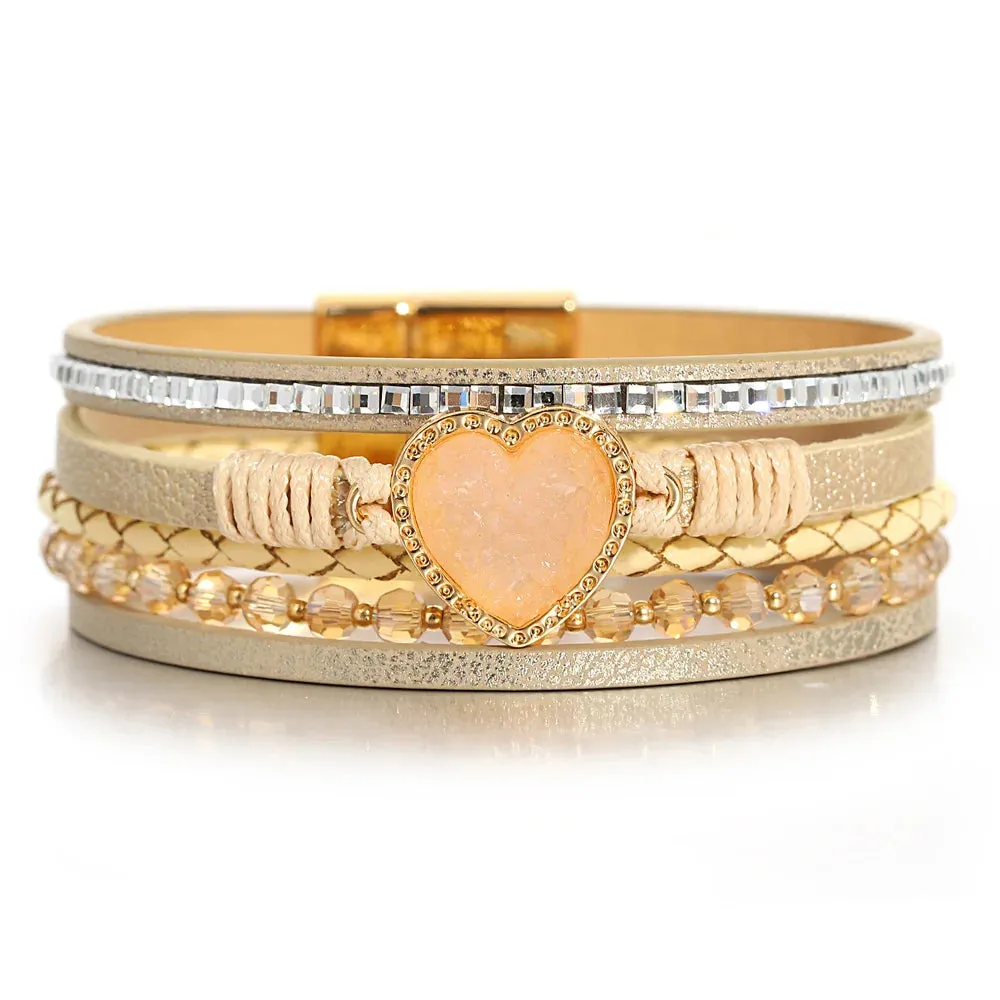 'Vintage' Beads and Heart Charm Bracelet - gold