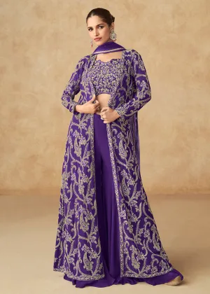 Violet Purple Embroidered Jacket Style Palazzo Suit