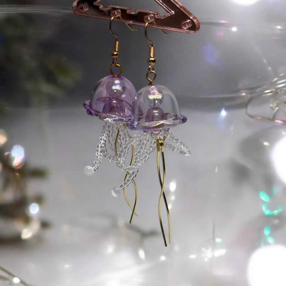 Whimsical - Colourful purple Jellyfish earrings | sea creature zoology earrings | colourful clear iridescent dangle oversize earrings | halgoram fun y2k earrings