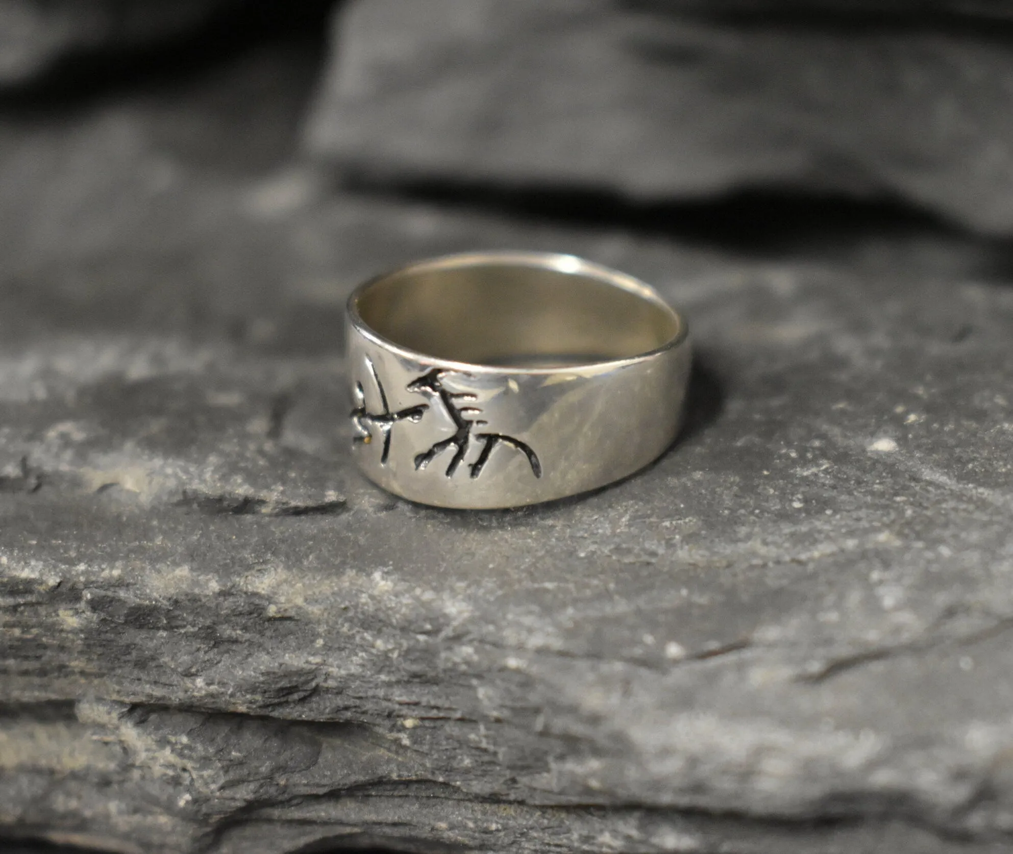 Wide Silver Band - Ancient Hunter Ring - Solid Silver Ring