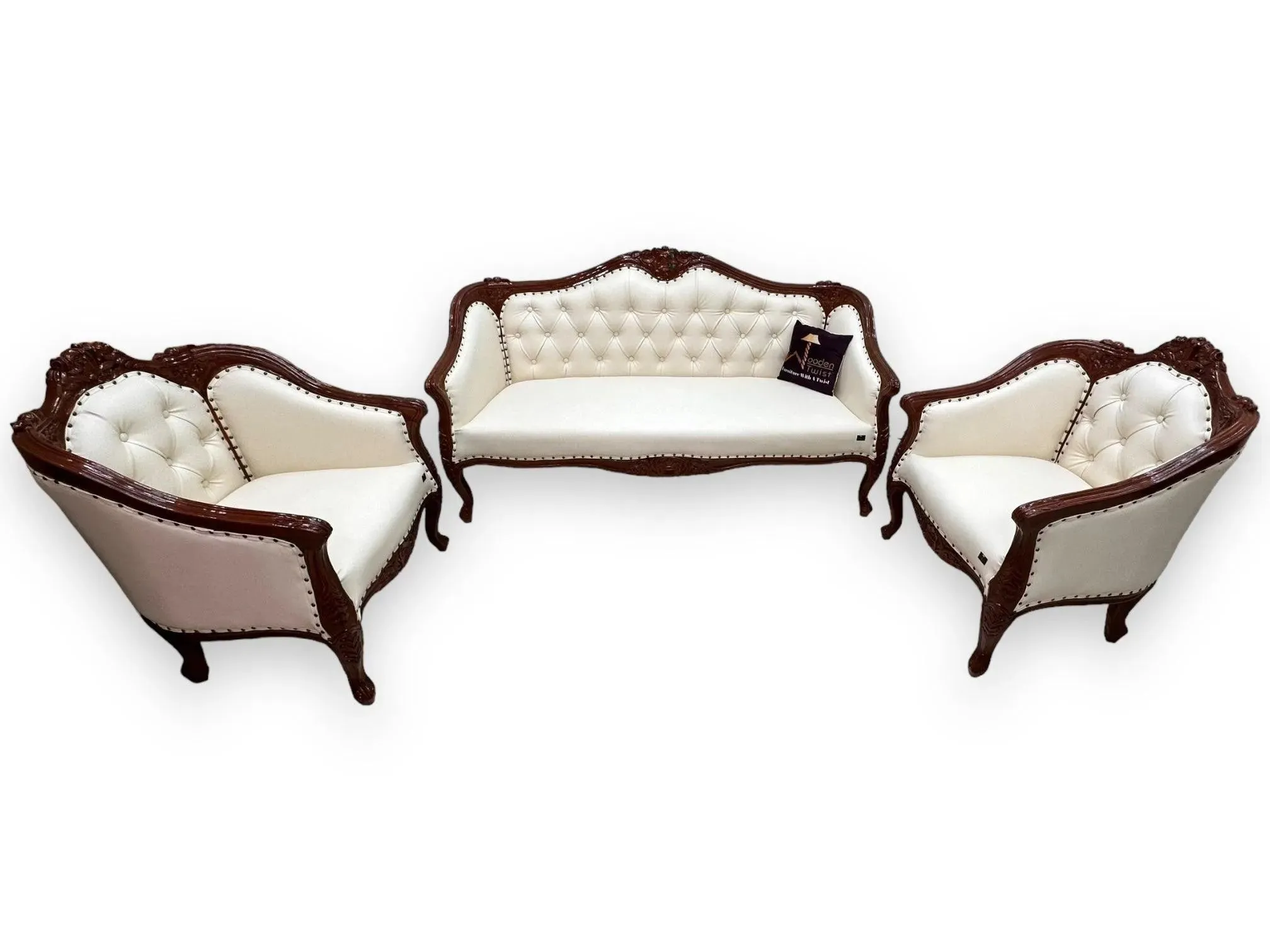 Wooden Handmade Italian Baroque Style Champagne Sofa Set 3 1 1 (Teak Wood)