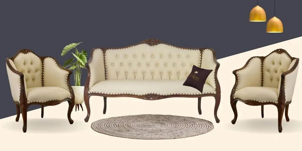 Wooden Handmade Italian Baroque Style Champagne Sofa Set 3 1 1 (Teak Wood)