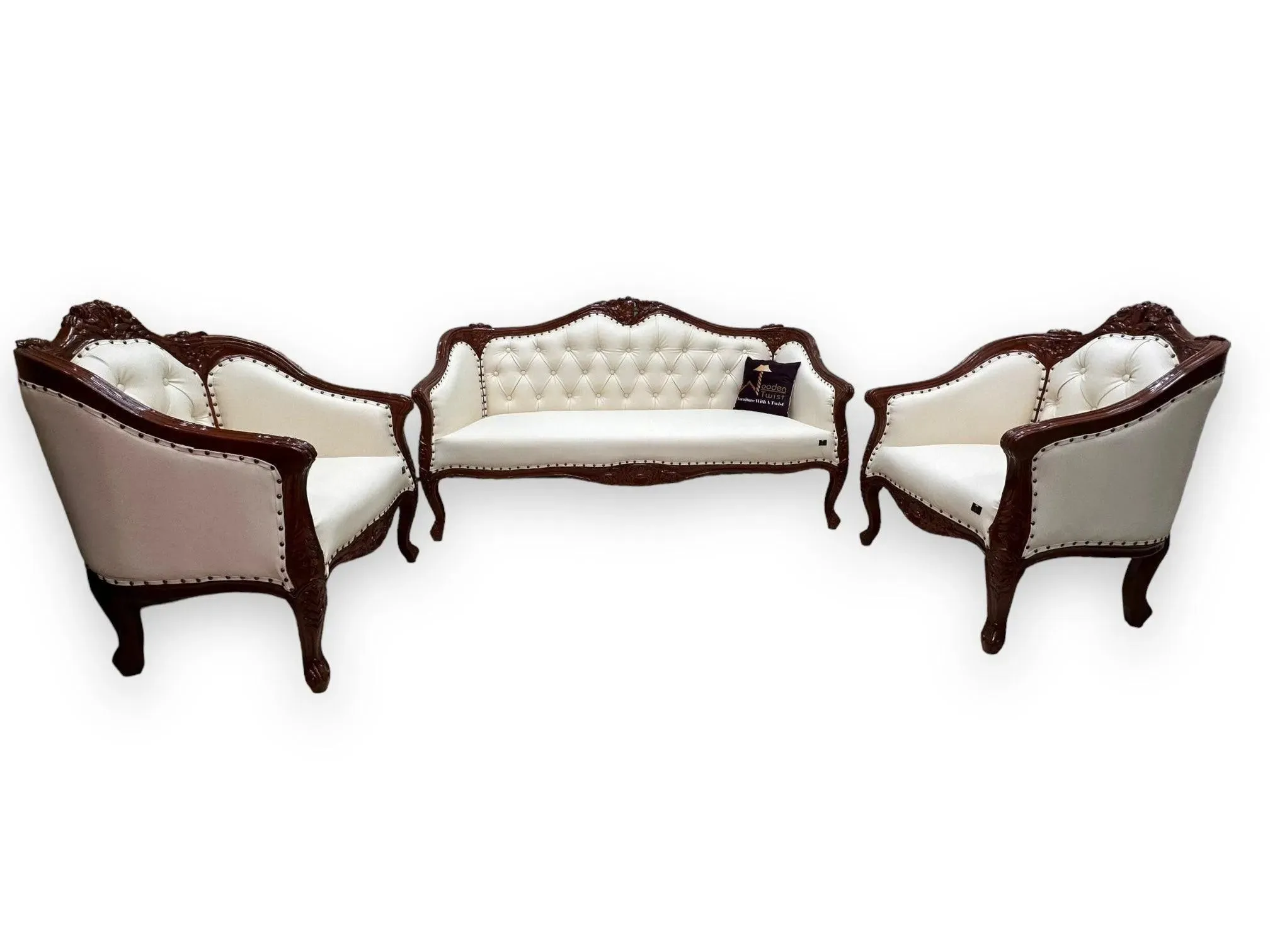 Wooden Handmade Italian Baroque Style Champagne Sofa Set 3 1 1 (Teak Wood)