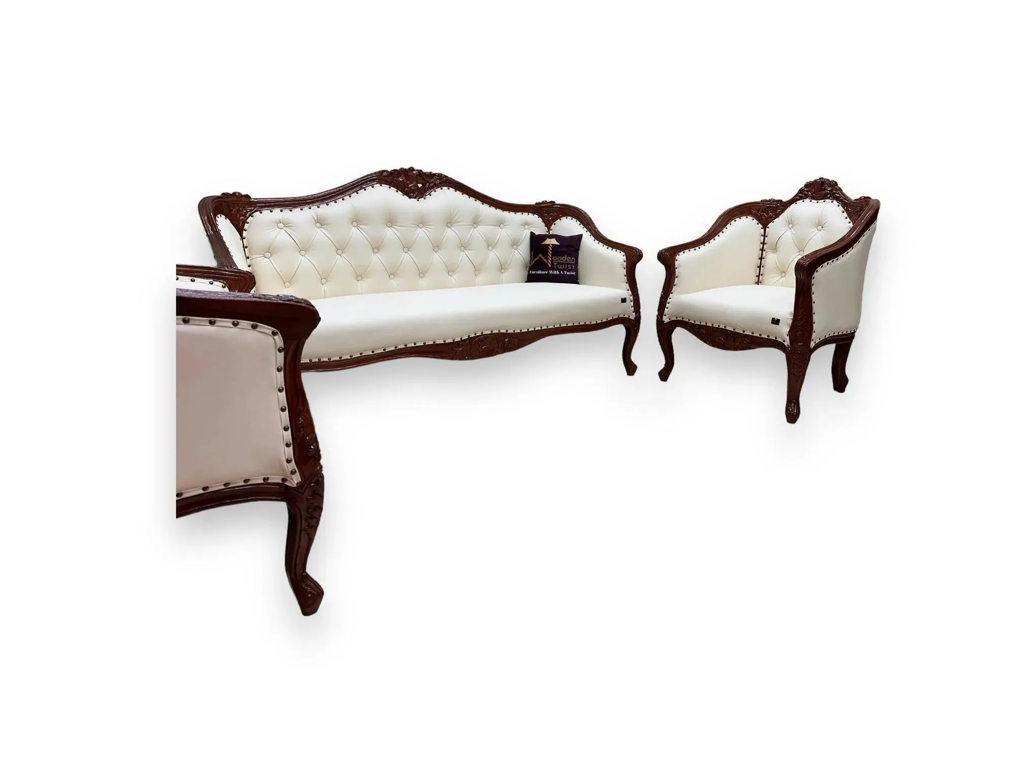 Wooden Handmade Italian Baroque Style Champagne Sofa Set 3 1 1 (Teak Wood)