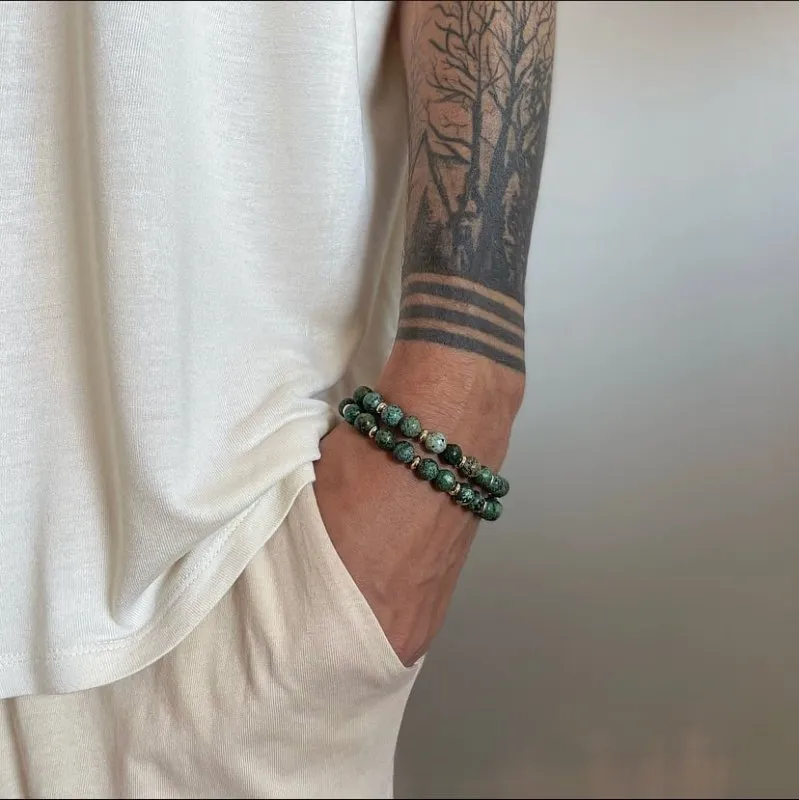 Xander Kostroma Men's Gold Tone African Turquoise Double Wrap Crystal Bracelet – 43cm Healing Bracelet for Balance, Creativity & Prosperity – Luxury Handmade Jewelry for Men