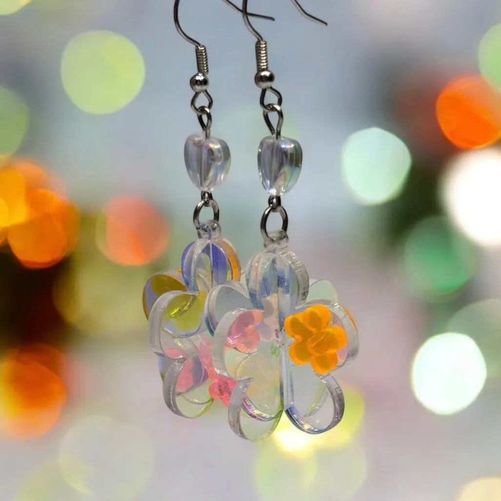 Y2K - Dangle 3D flower earrings | fun floral earrings | colourful clear iridescent dangle oversize earrings | hologram fun earrings