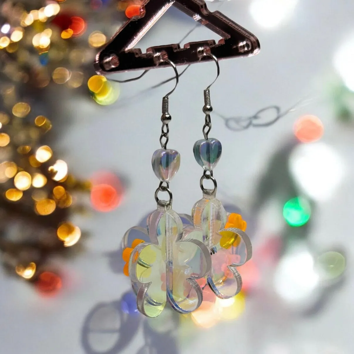 Y2K - Dangle 3D flower earrings | fun floral earrings | colourful clear iridescent dangle oversize earrings | hologram fun earrings