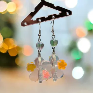 Y2K - Dangle 3D flower earrings | fun floral earrings | colourful clear iridescent dangle oversize earrings | hologram fun earrings