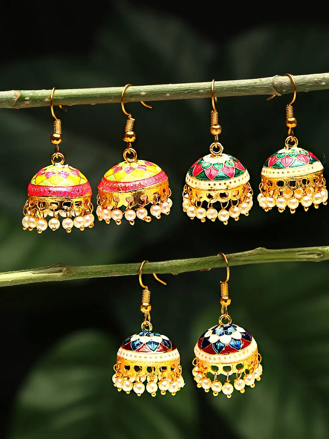 Yellow Chimes Meenakari Jumka Earrings with Ethnic Design Gold Plated Traditional Beads Combo of 3 pair for Women and Girls